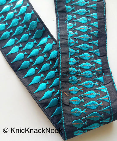 Black Fabric Trim With Blue / Purple Leaf Embroidery One Yard Lace Trim, Approx. 60mm Wide - 200317L369 / 70